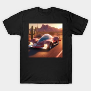 A Retro-Futuristic Racing Car Travelling Through The Arizona Desert At Dusk. T-Shirt